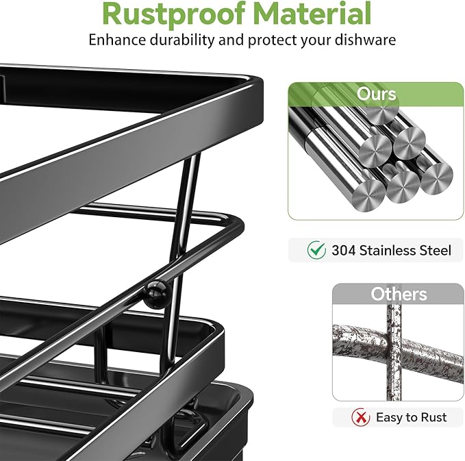 Dish Racks for Kitchen Counter, Rustproof Dish Drying Rack, Dish Drainers with Utensil Holder for Kitchen Sink, Kitchen Organizer for Dishes with Drip Tray, 12" W x 15.7" L, Black