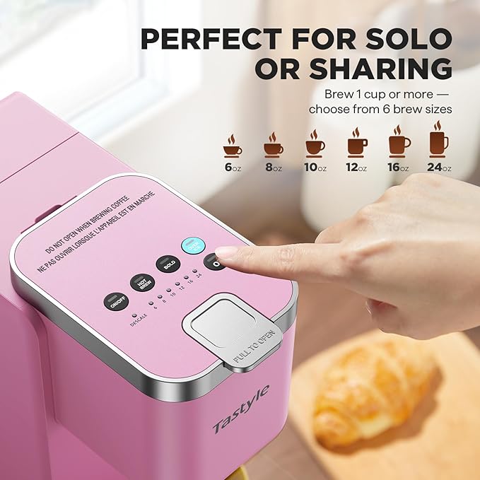 Single Serve Coffee Maker, Iced and Hot Coffee Machine for K Cup & Grounds, Compact Design, 40oz Removable Water Reservoir, 6 to 24 Oz Brew Sizes, Fits 7.3" Travel Mug, Pink