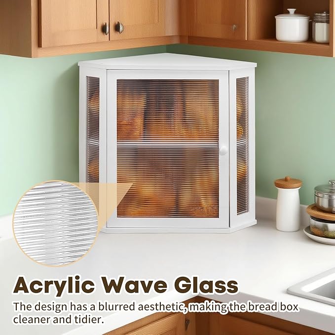 Corner Bread Box for Kitchen Countertop - Bamboo Large Capacity Bread Storage Bin with Acrylic Wavy Door Panel,Bread Box (White,Extra Large)