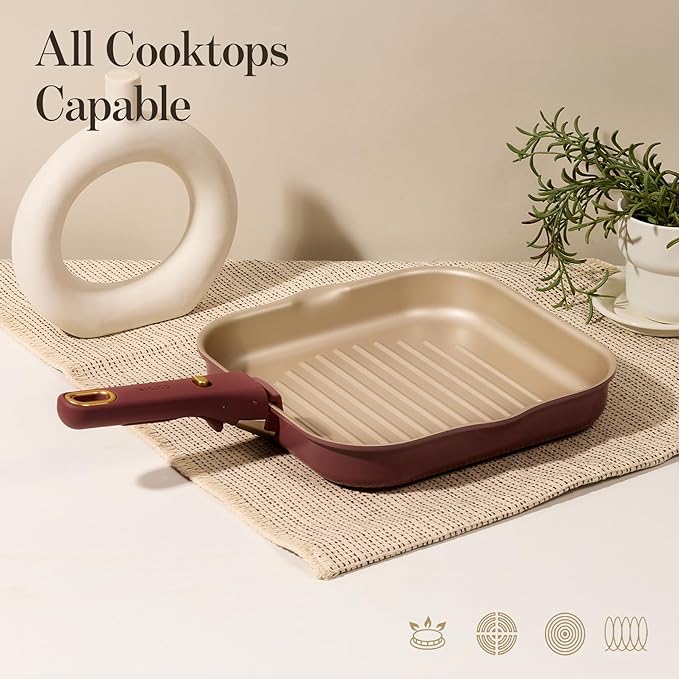 CAROTE 10 Inch Titanium Reinforced Nonstick Grill Pans for Steak, Non-Stick Grill Pans Sets with Detachable Handle, PFOS, PFOA Free, Gas & Induction Safe, All Stovetops Compatible, Burgundy
