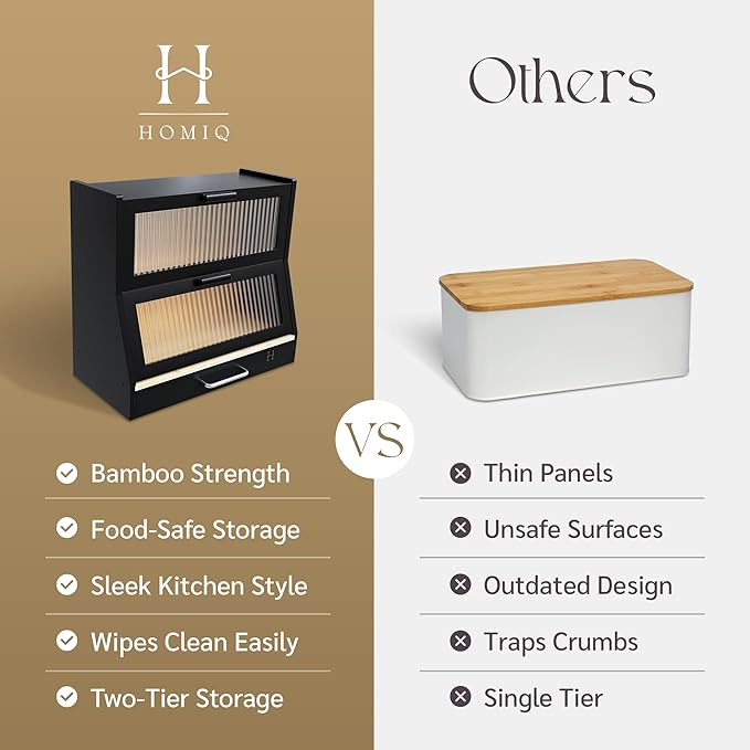 Bread Box for Kitchen Countertop - Bamboo Wood Breadbox with Knife Storage, Ventilation Holes - Farmhouse Loaf Organizer, Versatile 2 Layer Bread Storage Container for Snacks Mugs Spices