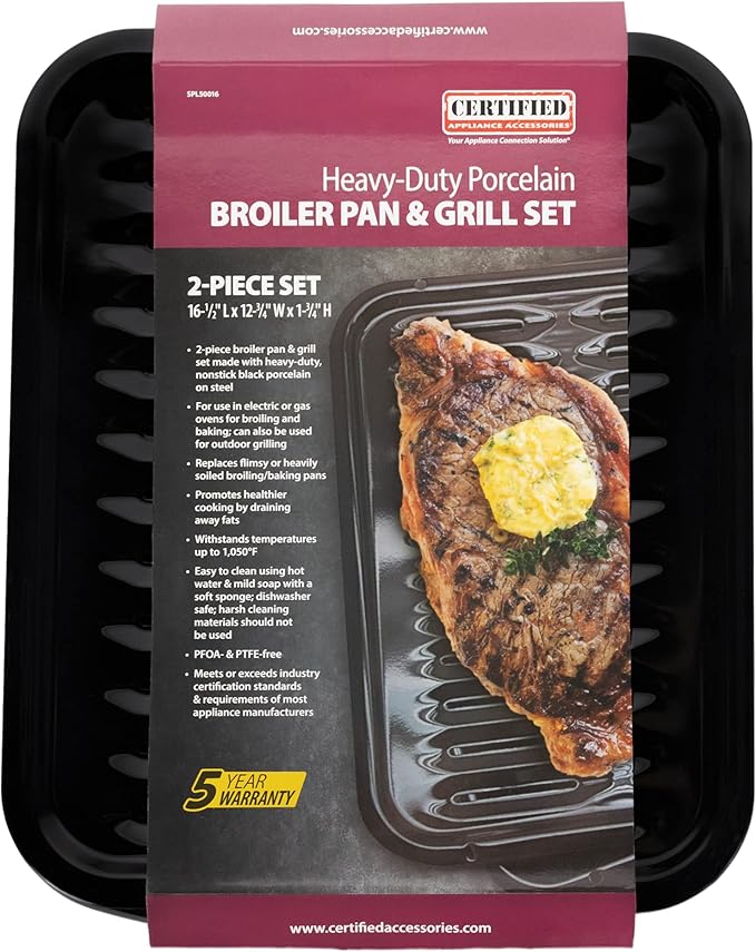 Certified Appliance Accessories SPL50016 Large 2-Piece Broiler Pan & Grill Set Porcelain-on-Steel 16-1/2"x12-3/4"x1-3/4" Broiler Pan for Oven, Black