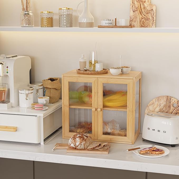 BAMBANG Double Layer Bamboo Bread Box for Kitchen Counter, Bread Bin Farmhouse Large Bread Box with 2 Doors, Wooden Breadbox Storage Container Holder for Homemade Bread, Natural
