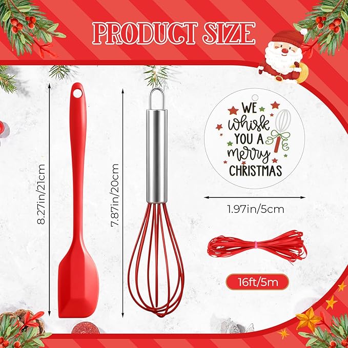 30 Pcs Christmas Baking Tool Gifts Sets Include 8 Inch Silicone Whisk Spatula and Xmas Greeting Cards Ribbon Wired Stainless Steel Whisk Set for Women Men Christmas Stuffers Gift