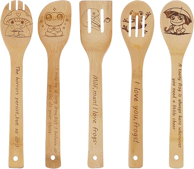 5PCS Frog Wooden Cooking Spoons Set Frog Gifts for Women Kitchen Decor Bamboo Cooking Utensil Spoons for Housewarming Wedding Anniversary Thanksgiving Christmas Gifts Mom Women