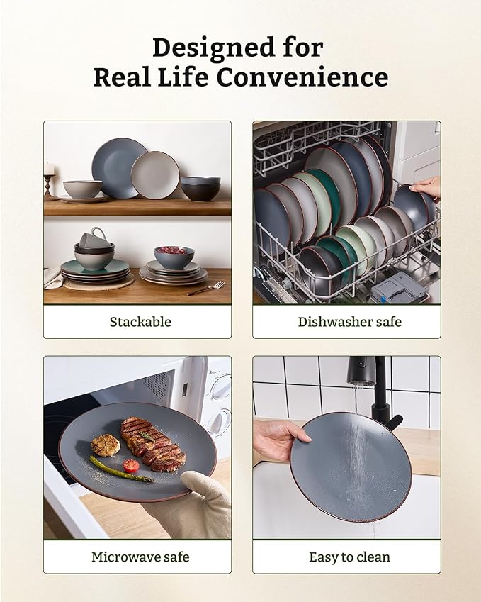 Famiware Venus Ceramic Plates and Bowls Sets, Speckled Dinnerware Dish Sets for 8 (24 Pieces) - Microwave and Dishwasher Safe, Matte Charcoal