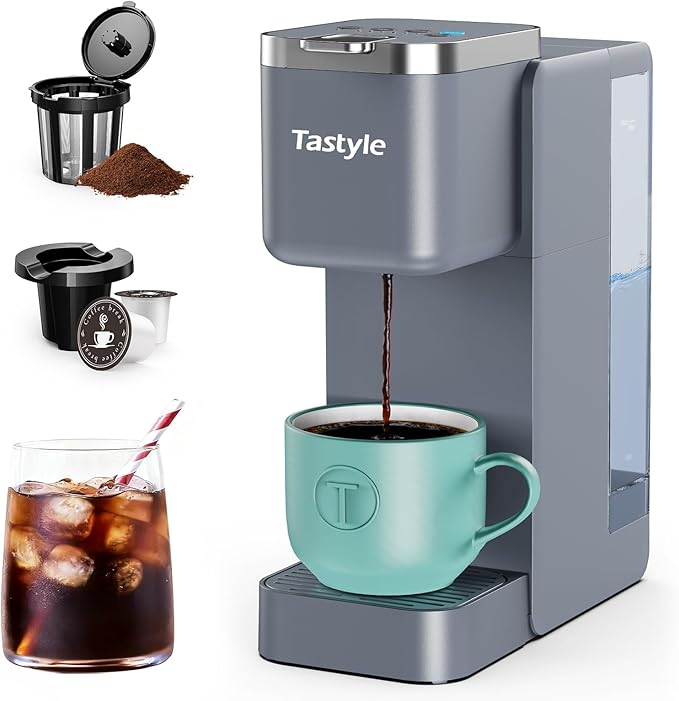 Single Serve Coffee Maker, Iced and Hot Coffee Machine for K Cup & Grounds, Compact Design, 40oz Removable Water Reservoir, 6 to 24 Oz Brew Sizes, Fits 7.3" Travel Mug, Gray