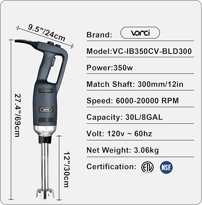 VONCI 350W Commercial Immersion Blender, Light Duty Hand Blender, Variable Speed 6000-20000RPM, 12" Detachable Shaft.