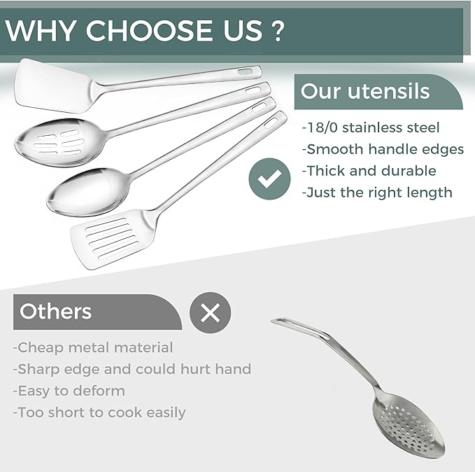 12-in Serving Spoons & Spatula Set, 18/0 Stainless Steel Cooking Utensil for Kitchen Buffet Home Hotel Restaurant