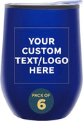 Custom Stemless Wine Tumblers 12 oz. Set of 6, Personalized Bulk Pack - Insulated, Perfect for Wine, Cocktails, Other Hot & Cold Beverages - Blue