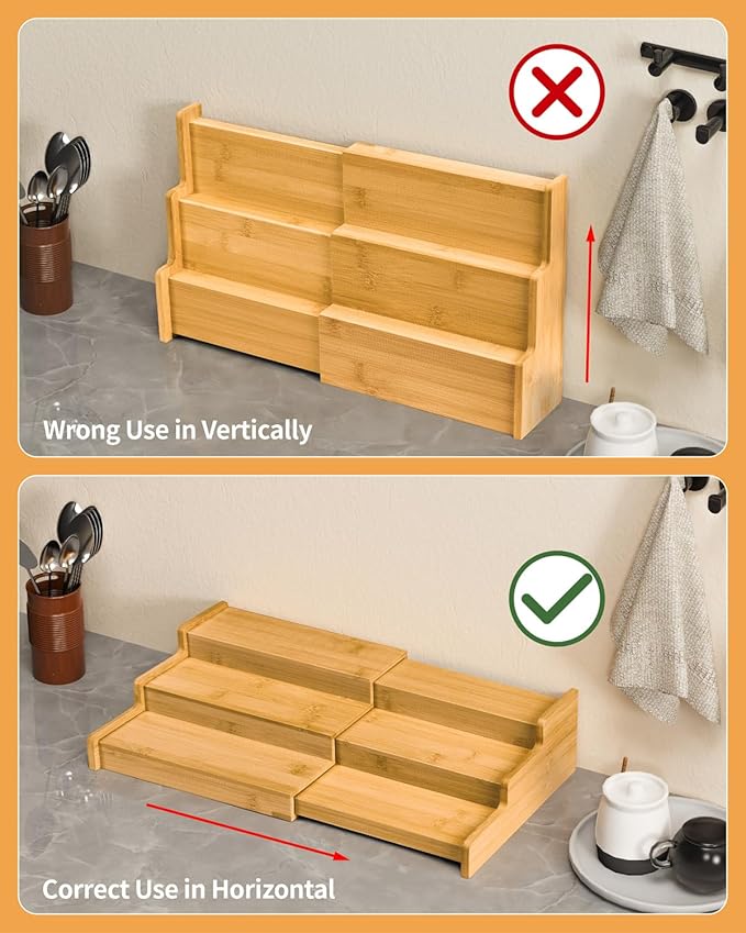Spice Rack, 3-Tier Expandable Bamboo Spice Rack Organizer for Cabinet - Kitchen, Pantry and Cupboard Storage Organizer