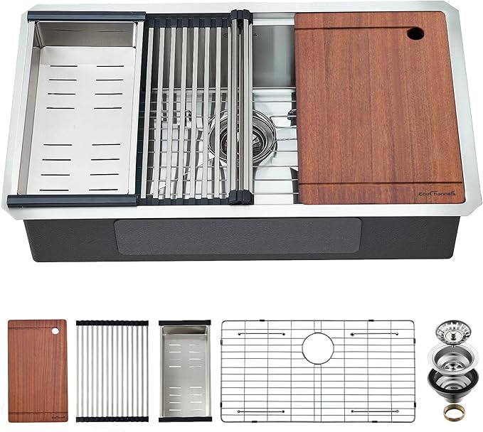 Undermount Kitchen Sink, 33 x 19 x 10 Inch Sink Kitchen 16 Gauge Stainless Steel Kitchen Sinks Single Bowl Workstation Sink with Cutting Board