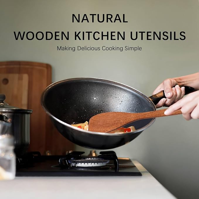 2PCS Wooden Spatulas for Cooking, 13inch Coated Sapele Wood Turners for Frying, Non-Scratch Flat Spurtle for Pan & Wok, Wooden Cooking Utensils for Non Stick Cookware, Long Handle Scraper