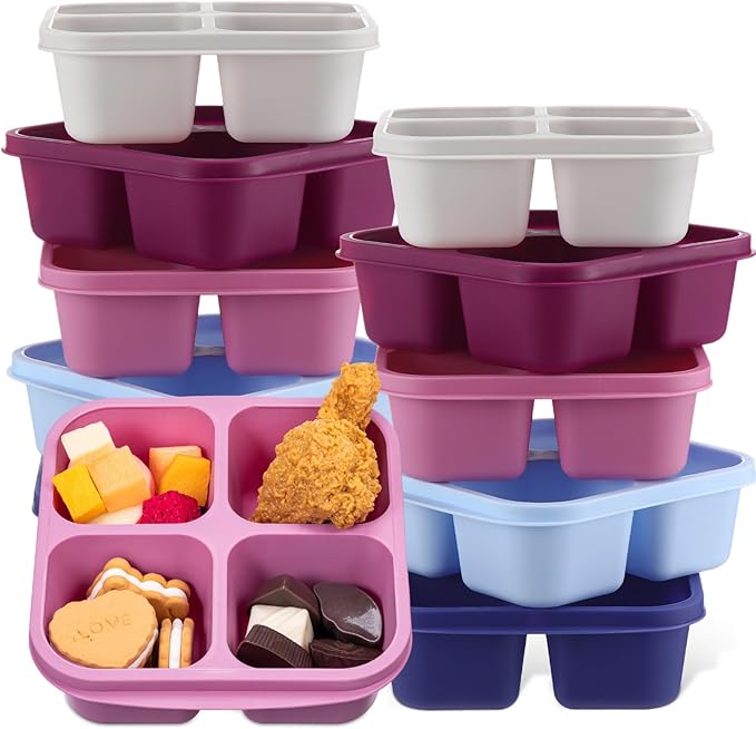 Honeydak 10 Pack Snack Container 4 Compartment Reusable Bento Snack Boxes Divided Lunchable Containers with Lids Meal Prep Lunch Food Storage Boxes for School Work Travel(Elderberry Color)