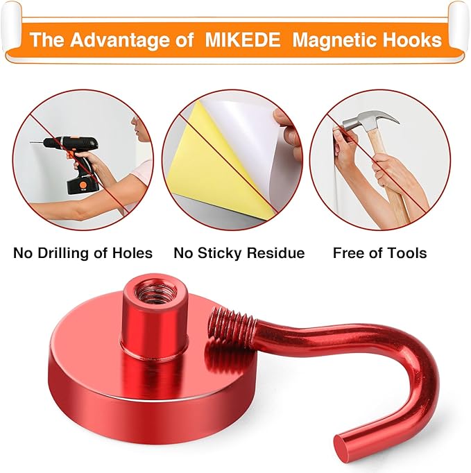 MIKEDE Magnetic Hooks Heavy Duty, 30LB+ Strong Magnets with Hook for Fridge, Neodymium Extra Strength Industrial Hooks for Hanging, Magnetic Hanger for Toolbox, Cruise, Grill(Red,4 Pack)