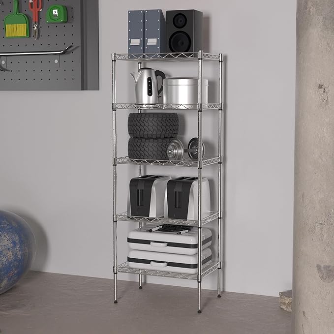 5-Shelf Storage Shelves Metal Shelving Unit NSF Garage Storage Rack Adjustable Wire Shelves Organizer for Kitchen Closet Basement, 750 Lbs Capacity, 16.7" L × 11.8" W × 47.6" H, Sliver