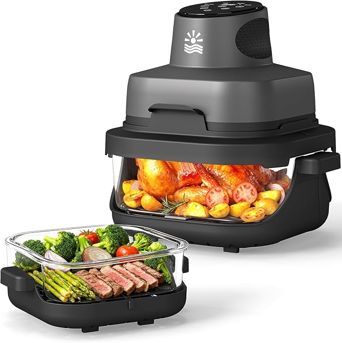 Portable Glass Air Fryer - 1500W, 4.2 QT & 6-Cup Dual Glass Containers with Lids, 4-in-1, 60 Min Timer, 140°F-400°F Adjustable, Microwave, Freezer & Dishwasher Safe, Grey