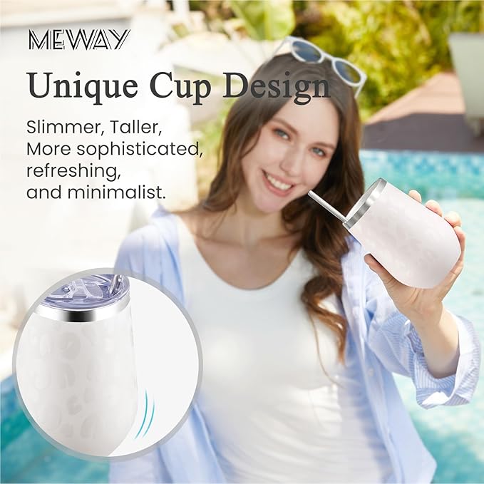 MEWAY 12oz Insulated Wine Tumbler Bulk, Double Wall Vacuum Stainless Steel Travel Tumbler with Straw,Travel wine tumbler, 4 pack of wine tumbler glasses(Almond Leopard,Set of 4)