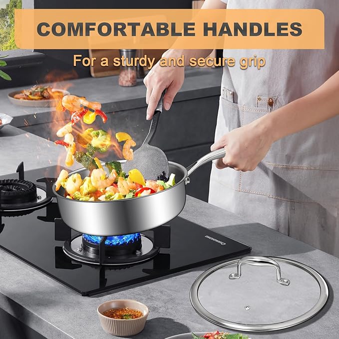 EWFEN Tri-Ply Stainless Steel Frying Pan 3QT, 10 Inch Deep Frying Pan with lids, Skillet, Induction Cooking Pan, Dishwasher and Oven Safe, Fast & Even Heat, Heavy Duty and Detachable Handle