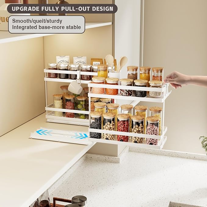 Pull Out Spice Rack Organizer for Cabinet, 1 Pack Metal Seasoning Organizer Slide Out Spice Storage Shelf No Assembly Vertical Spice Rack Pullout for Kitchen & Bahthroom No Drill(2 Tier,White)