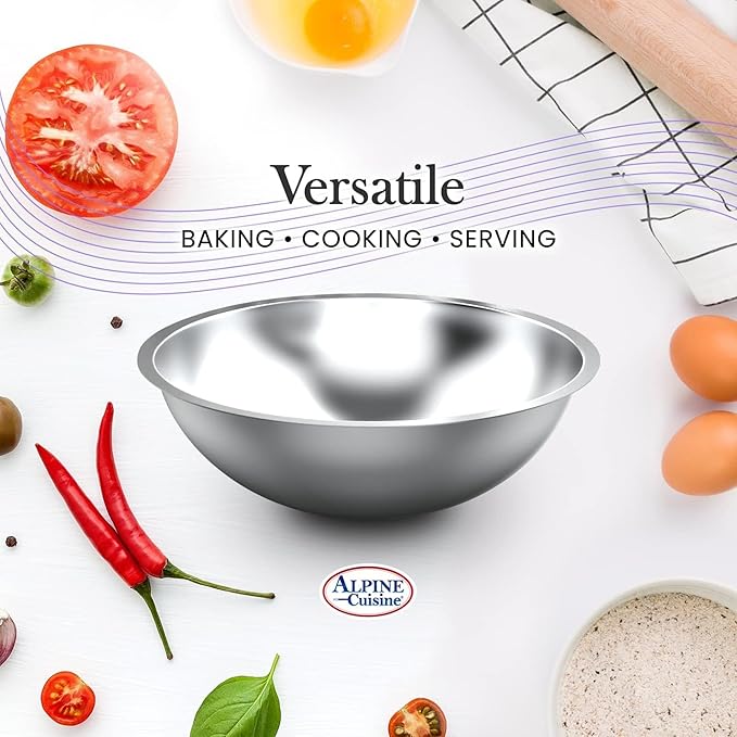 Alpine Cuisine 12-Quart Stainless Steel Mixing Bowl | Durable Prep & Salad Bowl for Baking, Food Prep, & Tossing | Polished Mirror Finish, Silver