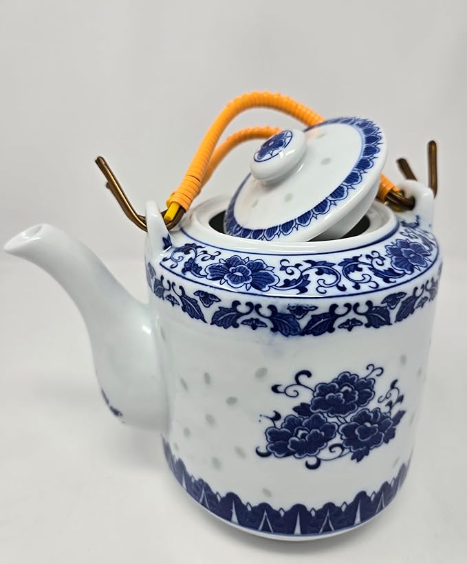 Large Teapot Blue and White Porcelain 64 OZ