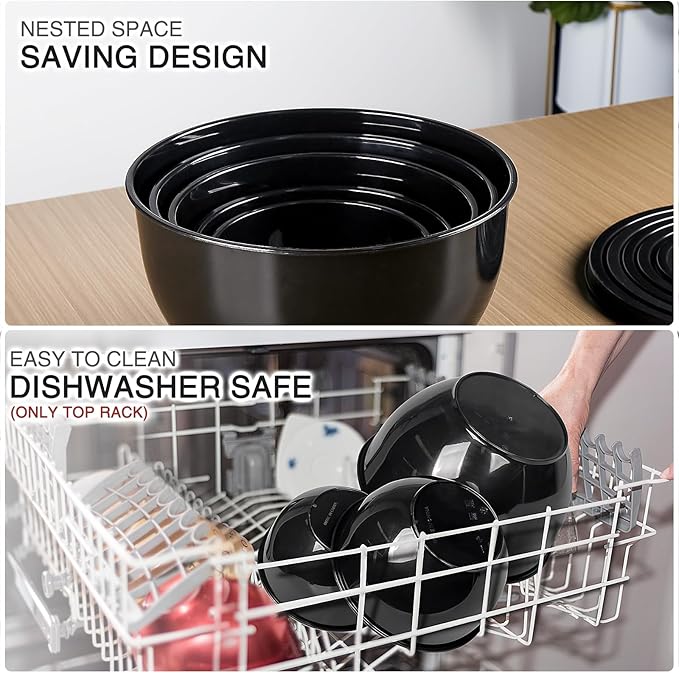 5-Piece Plastic Mixing Bowls with Lids Set for Kitchen, Nesting Bowls for Mixing, Baking, Prepping, Cooking and Serving Food, Black Mixing Bowls Dishwasher, Microwave Safe