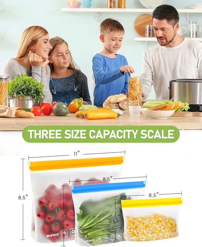 IDEATECH Food Storage Bags, BPA Free PEVA Reusable Gallon Freezer Bags, Reusable Sandwich Containers, Heallthy Food Bags Containers for Travel, Lunch(Grey, 24Pack-8Gallon+8Quart+8Snack)