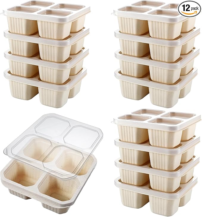 12 Pcs Reusable Bento Lunch Boxes 4 Compartment Snack Containers with Lids Wheat Straw Meal Prep Food Storage for Adults, Travel, Work (Beige)