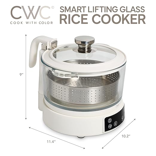 COOK WITH COLOR 3L Glass Mini Low Carb Rice Cooker – Holds 2 Cups Raw/Makes 6 Cups Cooked with Auto Lift Filter Basket, Hotpot & Steamer for Rice, Grains, Digital Panel with Keep Warm, Cream