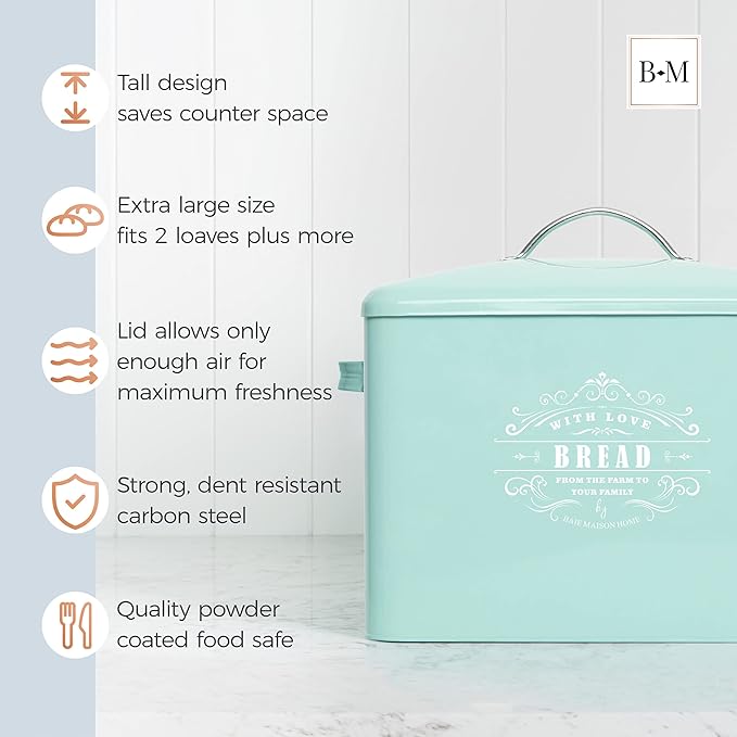 Extra Large Teal Farmhouse Bread Box for Kitchen Countertop - Breadbox Holder Fits 2+ Loaves - Bread Storage Container Bin - Rustic Bread Keeper Vintage Metal Kitchen Decor for Counter(Bread Box)