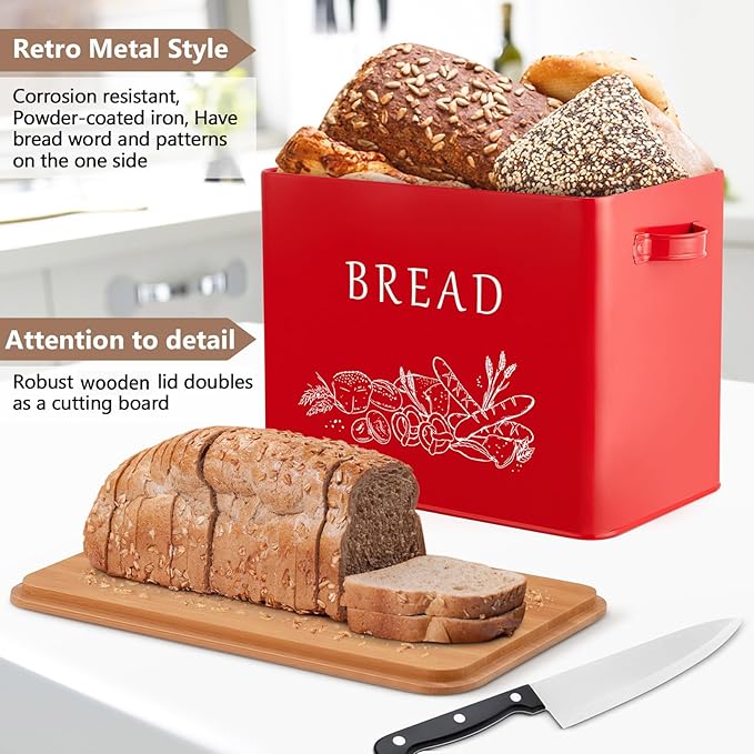 P&P CHEF Bread Box for Kitchen Counter, Metal Bread Storage Bin with Wooden Cutting Lid, Large Capacity for Holding 2+ Loaves, Retro Modern Style, Size 13” x 7.2” x 9.7”, Red