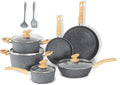 DishDelight Induction Pots and Pans Set, 12 Piece Nonstick Cookware, Granite Cooking Set with Frying Pans, Gray
