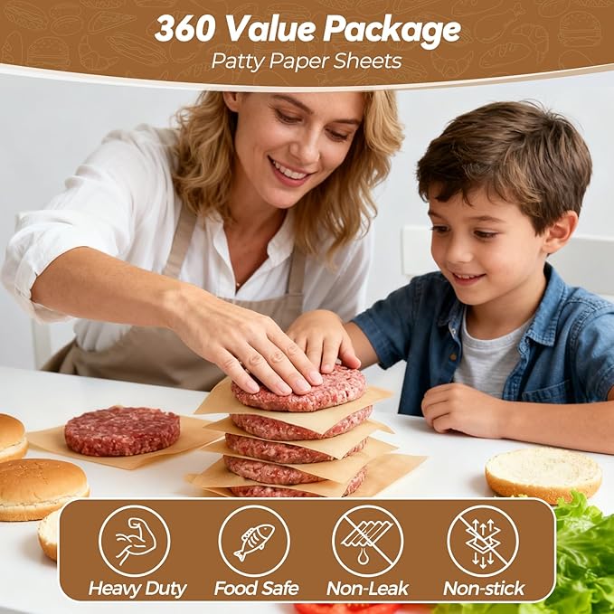 360 Count 6"x 6" Heavy Duty Patty Paper Sheets for Separating Patty, No-Stick & No-Leak Unbleached Parchment Paper Squares, Pre-cut Burger Patty Paper for Oven, Air Fryer, Microwave