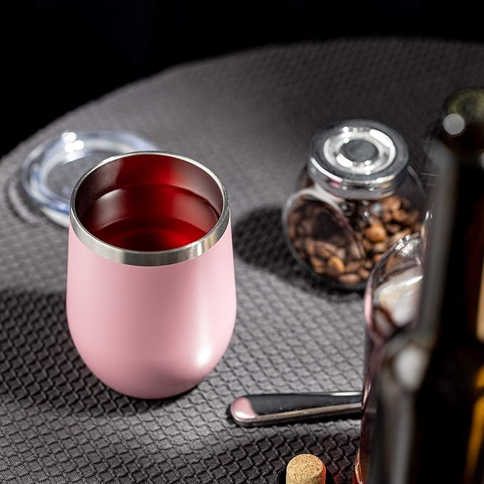 COMOOO Stainless Steel Wine Tumbler Glass Bulk with Lid and Straw 12oz Double Wall Vacuum Insulated Travel Tumbler Cup for Coffee Wine Cocktails Ice Cream Cup, Light Pink, 12 pack