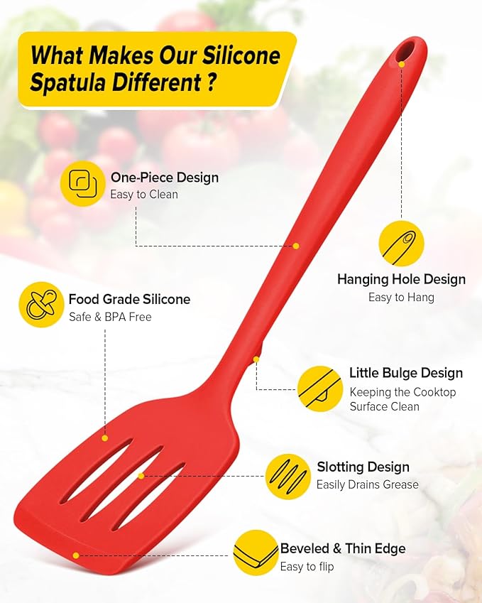 Pack of 2 Silicone Spatula Turners, Non Stick Slotted Kitchen Spatula Set, Heat Resistant BPA Free Kitchen Utensils, One-Piece Design, Suitable for Flipping Fish, Eggs, Steak, Pancakes (RED)