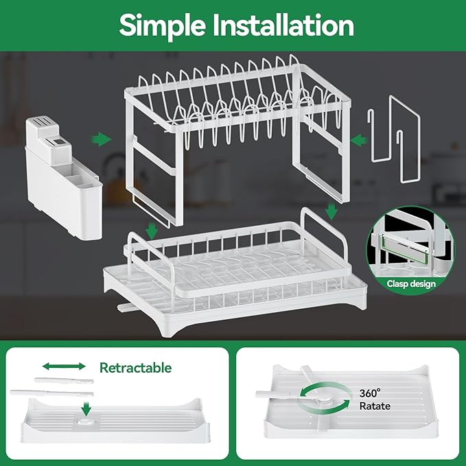 2-Tier Dish Drying Rack with Drainboard, Sink & Countertop Metal Dish Rack Organizer, Dish Drainers for Kitchen Counter, White Dish Racks