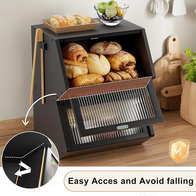 WOWLIVE Double Layer Bread Box for Kitchen Countertop, Large Bamboo Bread Storage Container for Homemade Bread, Farmhouse Bread Holder for Kitchen Counter Cabinet, Pantry, Cupboard (Black, Medium)