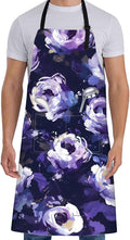Floral Apron for Women with Purple Rose,28x33in,Elegant Flower Kitchen Aprons with 2 Pockets, Oxford Fabric,Dark Adjustable Apron for Cooking Baking Gardening Chef,Gifts for Mom Wife