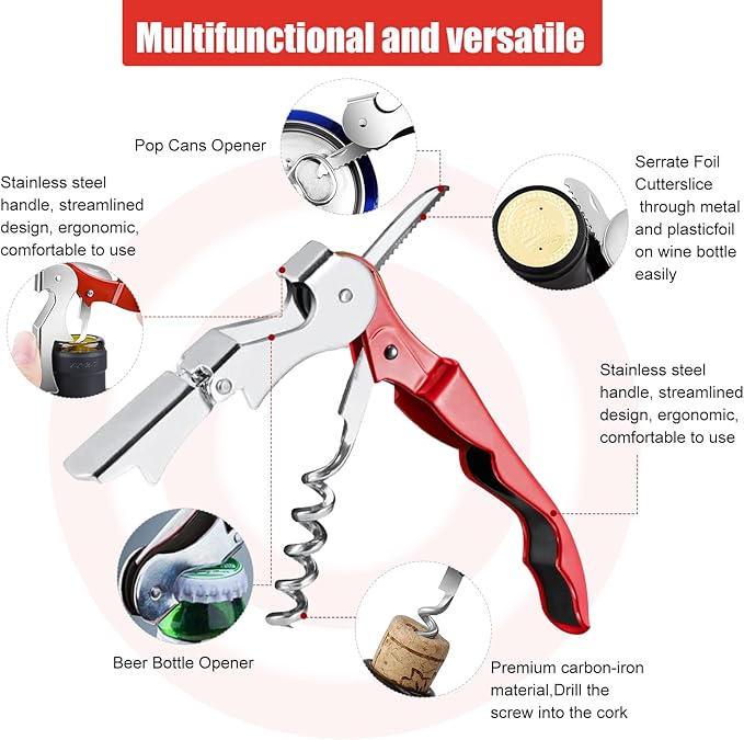 6 Pieces wine key wine opener Professional Waiter Corkscrews Stainless bottle opener Fold Serrated Foil Cutter Key for Family, Company Party,Bars,Restaurants(red)