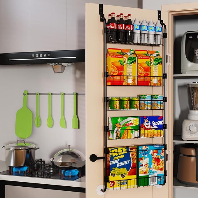 Black Over the Door Pantry Organizer 5 Tier, Adjustable Basket Pantry Door Organizer and Storage, Heavy Duty Metal Kitchen Hanging Spice Rack (D5xW19xH50 Inches)