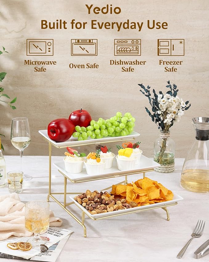 Yedio 3 Tier Serving Tray Set Porcelain Tiered Serving Platters, Collapsible Sturdier Stand with Stable Cross Bars, 12 Inch Three Layer Serving for Party Entertaining Food Display Fruit Dessert