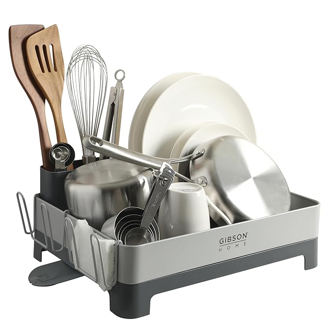 Gibson Home Nestcraft Full Size Rust Resistant Dish Rack with Drain Board and Flatware Caddy - Grey