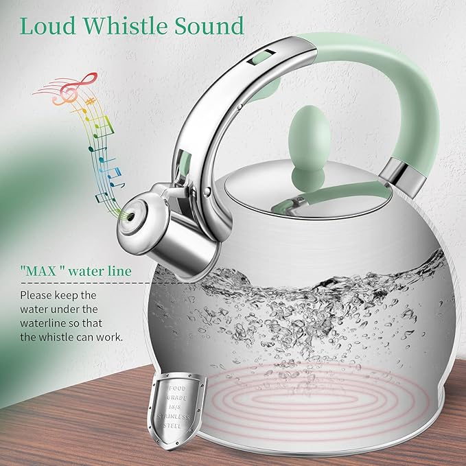 Tea Kettles Stovetop, 2.64 Quart Induction Whistling Tea Kettles Food Grade Stainless Steel Teapots with Cool Touch Handle Mint Green