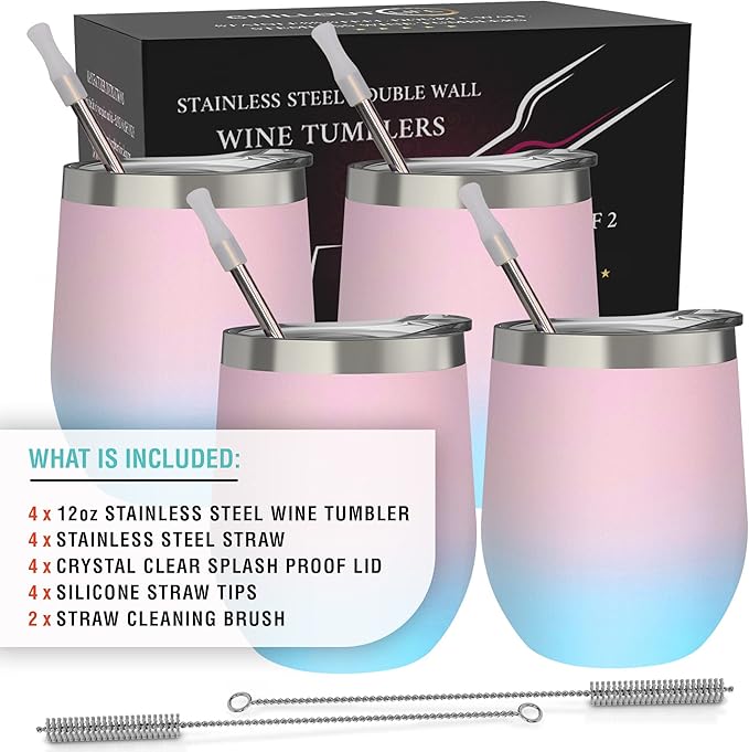 CHILLOUT LIFE 12 oz Stainless Steel Wine Tumblers 4 Pack - Double Wall Vacuum Insulated Wine Glasses Cups with Lids and Straws Set Keeping Cold & Hot for Coffee, Beer, Ice Cream - Powder Coated