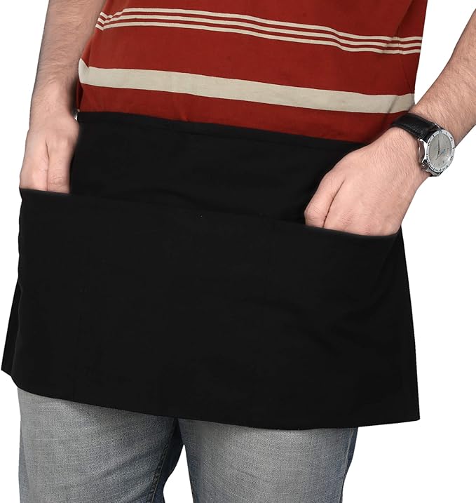 RAJRANG Pure Cotton Waitress Apron Half Server Waist Short Aprons with 3 Pockets