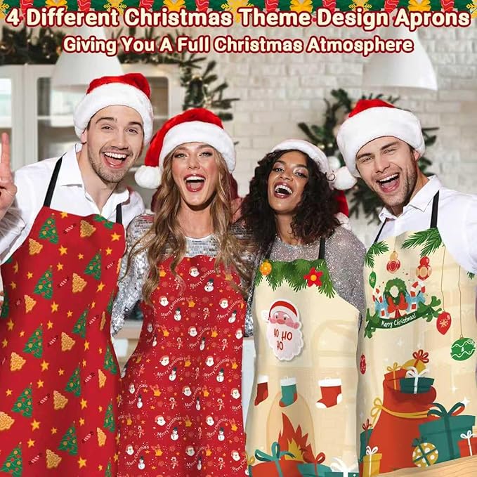 4 Pack Funny Christmas Kitchen Aprons for Women Men Adjustable Cooking Chef Aprons Waterproof Bib Aprons Cute Xmas Party Gift