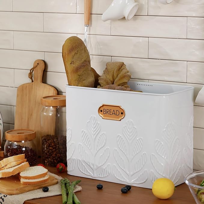Extra Large Bread Box for Kitchen Countertop Corner Breadbox for Homemade Bread Metal White Plant Pattern Embossed Bread Storage Container Bin with Bamboo Lid Fits 2 Loaves of Bread
