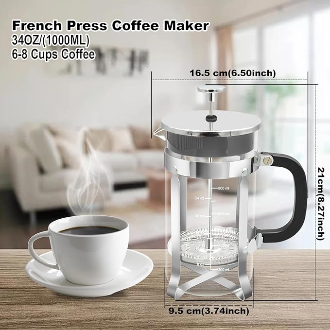 French Press Coffee Maker,34oz 304 Stainless Steel with 2 Filter, Heat Resistant Durable, Easy to Clean, Borosilicate Glass Press, BPA Free Glass TeaPot-34 Ounce 1 Liter (Chrome)