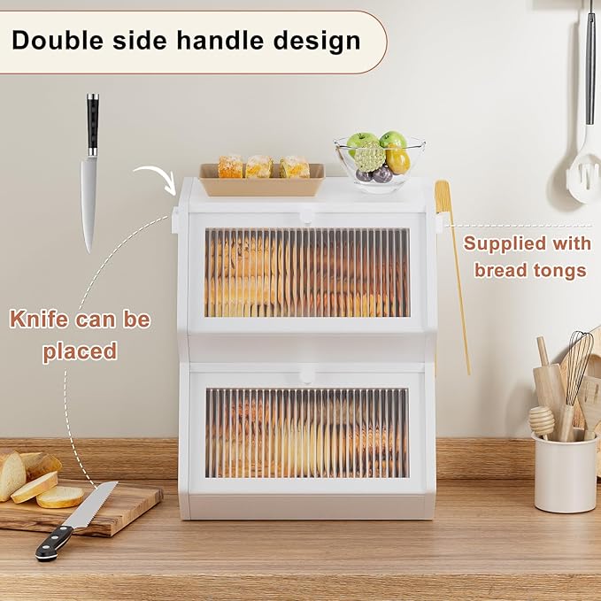 WOWLIVE Double Layer Bread Box for Kitchen Countertop, Large Bamboo Bread Storage Container for Homemade Bread, Farmhouse Bread Holder for Kitchen Counter Cabinet, Pantry, Cupboard (White, Medium)